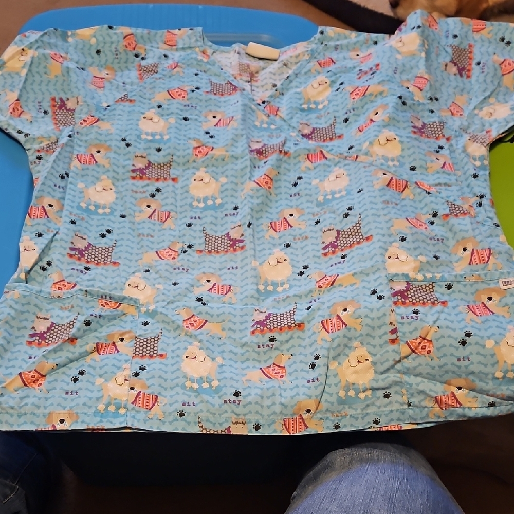 UA Scrubs Light Blue Dog Print Top